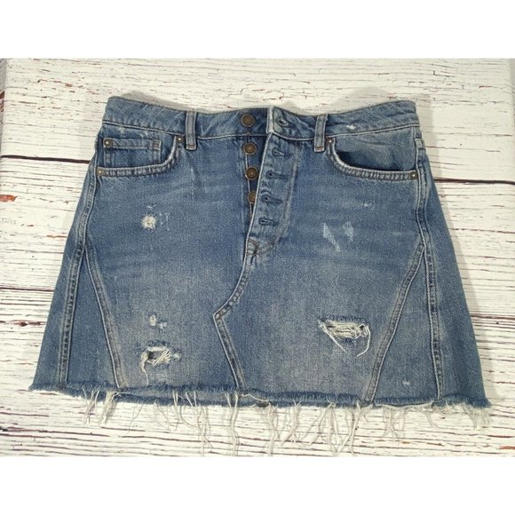We The Free Denim Jean Skirt Size 28 Blue Cut Off Distressed Button Fly Festival - Picture 1 of 9